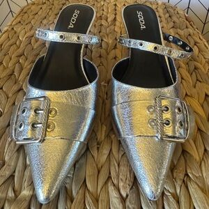 Soda Metallic Silver Buckle Mules